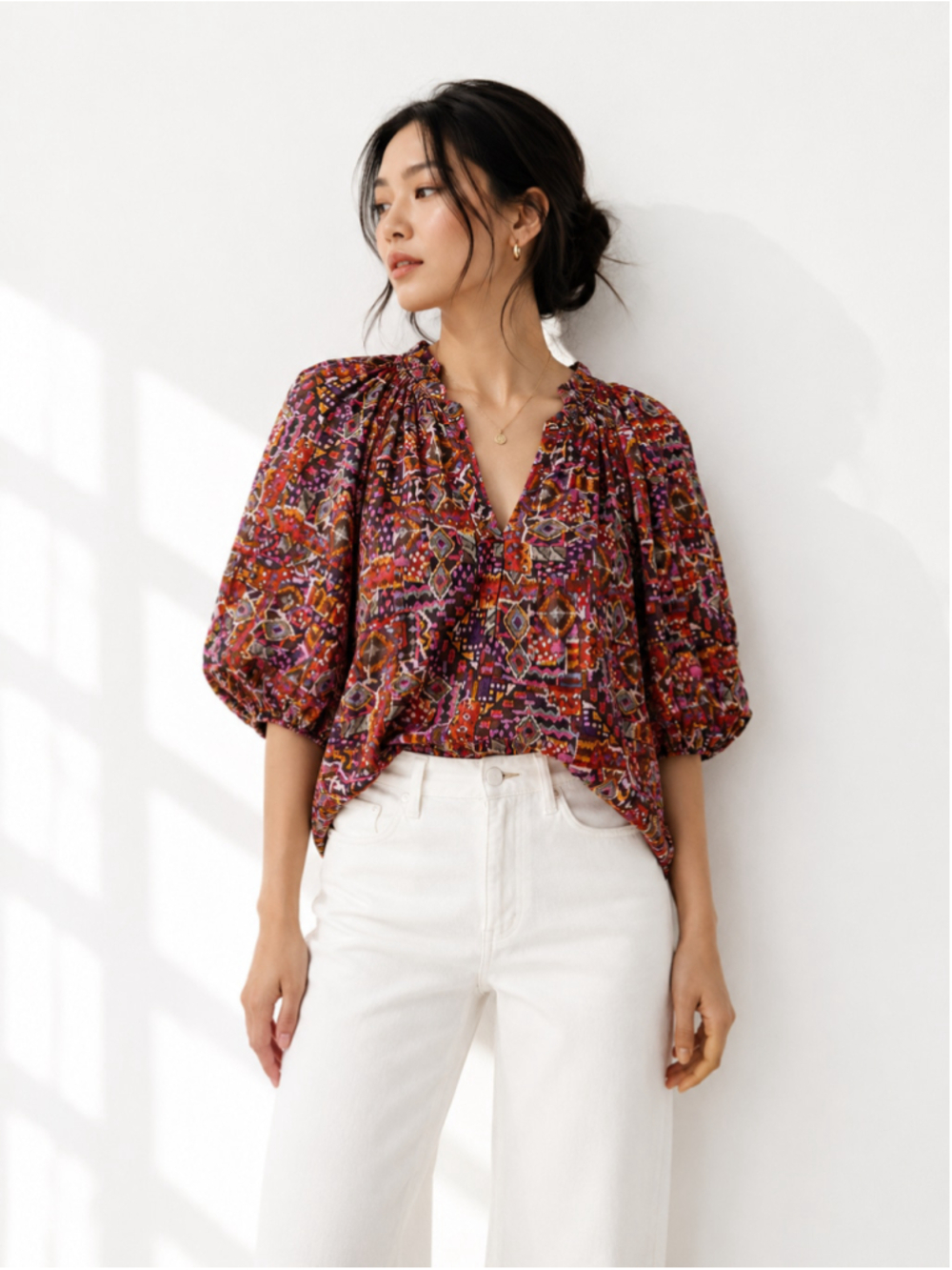 Xirena Cotton Gauze Printed Peasant Blouse Boho Puff Sleeve Small